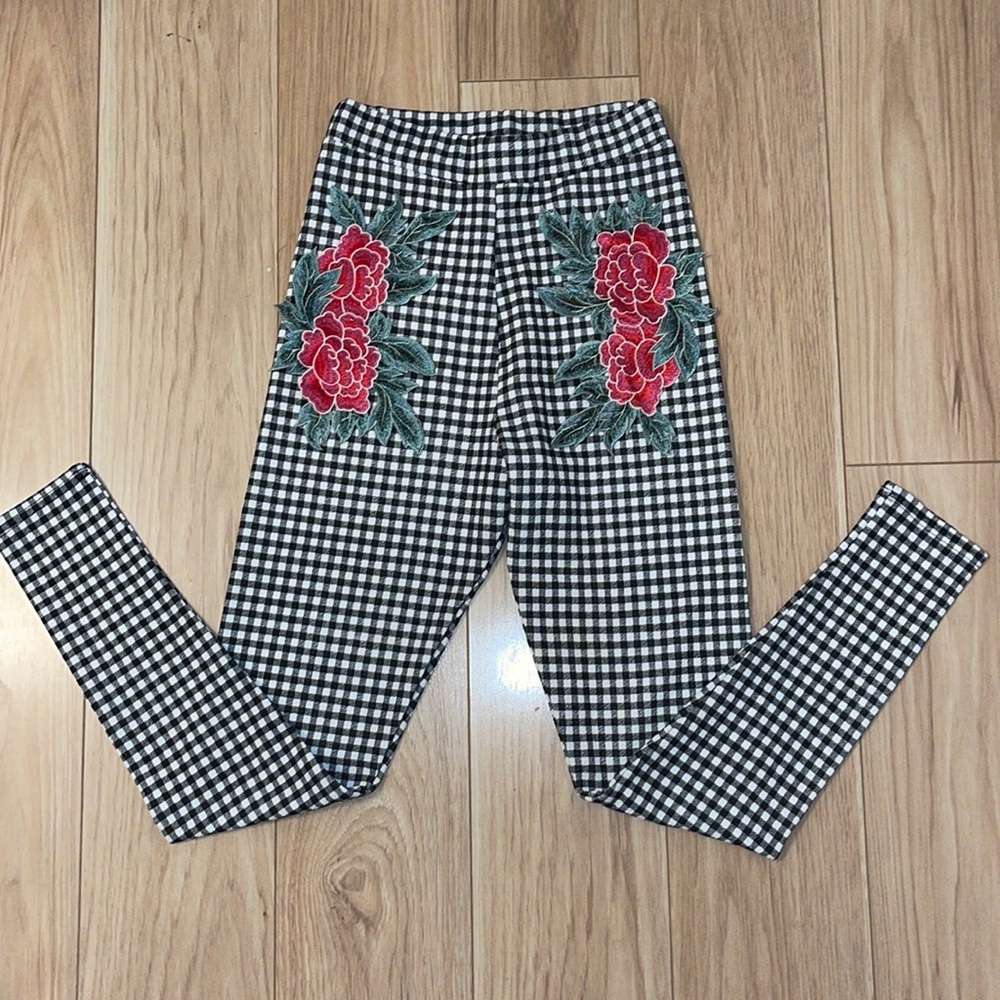 Prettylittlethings Black & White Checked Pants with Floral Appliqué